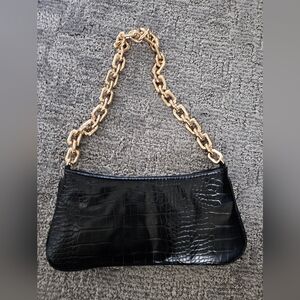 Black Croc-Embossed Bag with Gold Chain